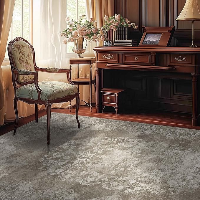 jinchan Washable Area Rug 6x9 for Living Room - Soft Faux Wool Ultra-Thin Stain Resistant Non-Slip Distressed Vintage Floral Large Carpet for Bedroom, Dining Room, Home Office, Nursery(Brown, 6'x9')