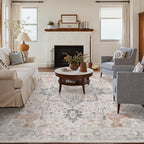 Bavni Washable Rug 5x7 Area Rug for Living Room Bedroom Dining, Washable Vintage Print Carpet, Ultra-Thin Low Pile Lightweight Rug with Non Slip Backing, Light Taupe Brown