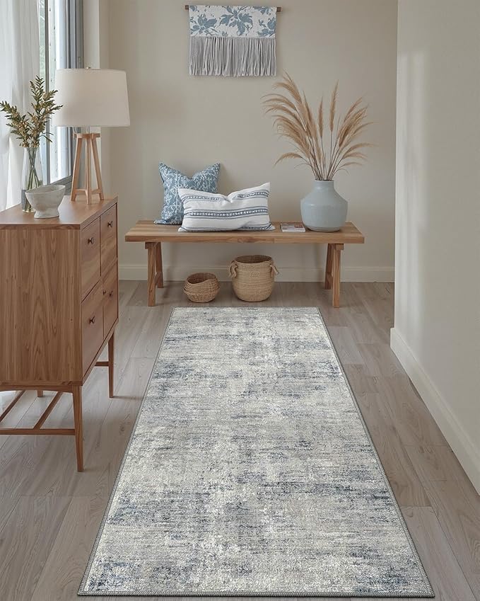 DEXI Hallway Runner Rug 3x8, Modern Abstract Non Slip Thin Soft Runners Carpet, Stain Resistant Washable Indoor Rug for Hallway Entryway Kitchen Laundry Room Living Room, Blue