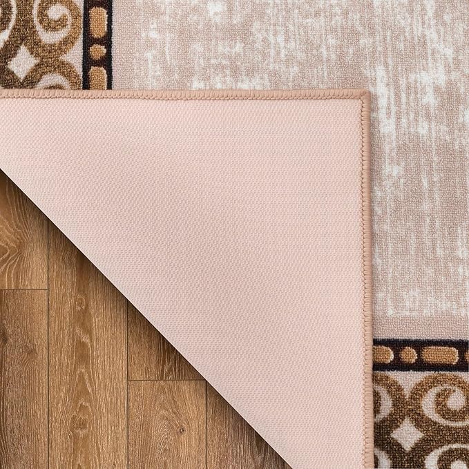 Antep Rugs Alfombras Bordered Modern 4x6 Non-Slip (Non-Skid) Low Pile Rubber Backing Indoor Area Rug (Beige, 4' x 5'8")