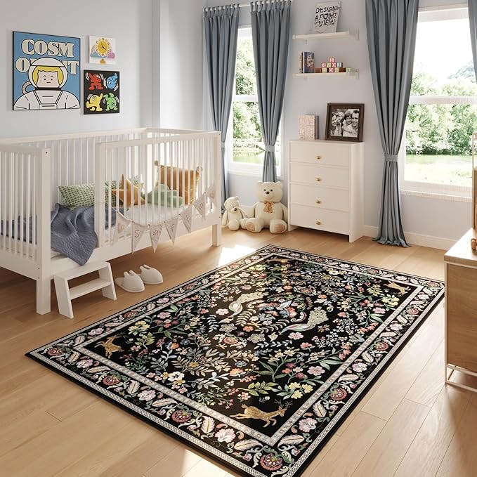 Area Rug 4x6 Rug Washable Rugs Floral Non Slip Low Pile Small Carpet for Bedroom, Bedside, Kids Room, Office, Dining Room (Vibrant Black)
