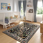 Living Room Rug 6x9 Rug Machine Washable Area Rug Floral Non-Slip Low Pile Large Rug for Living Room, Bedroom, Farmhouse, Dining Room, Kids Playroom (Vibrant Black)