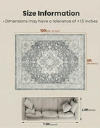 Marsail 8x10 Machine Washable Area Rug,Soft & Slip-Resistant, Vintage Floral Short-Pile with Reinforced Bound Edges, Large Rug for Living Room, Dining Room, Bedroom,Light Grey