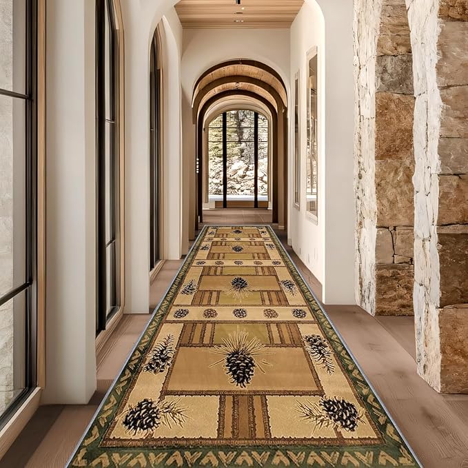 Pinecone Runner Rug, 3x12ft Rustic Country Style Hallway Runner Rug - Corridor & Foyer Area Rugs, Washable Non-Slip Mat, Country Home Decor Carpet for Indoor Living Room Hallway Spaces
