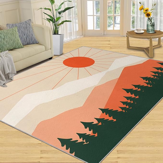 Boho Sun Area Rugs 4x6ft, Minimalist Mountain Carpet for Bedroom, Abstraction Deco Rug for Living Room Easy to Clean for Indoor Outdoor Hardwood Floors Home Decor