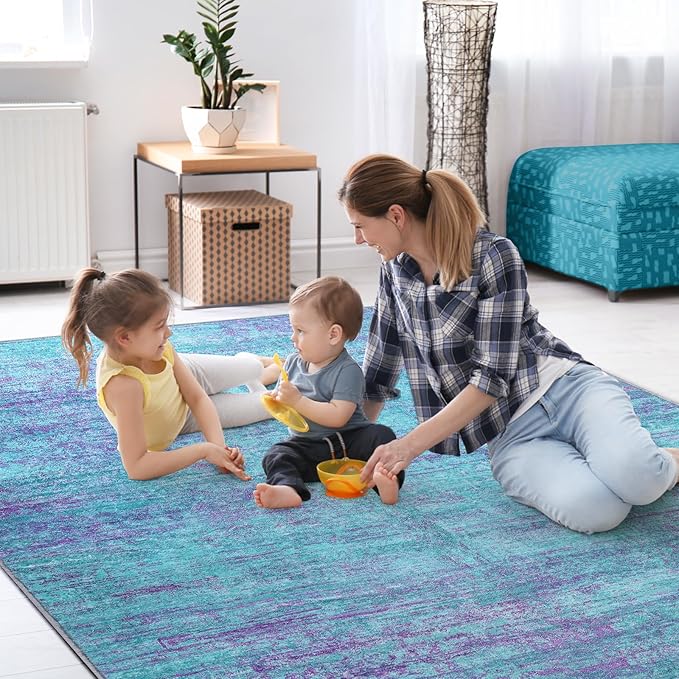6x8 Area Rugs, Modern Abstract Teal Purple Washable Rug for Living Room, Soft Large Non-Slip Carpet for Bedroom Dining Room Home Office Farmhouse Decor - Teal+Purple