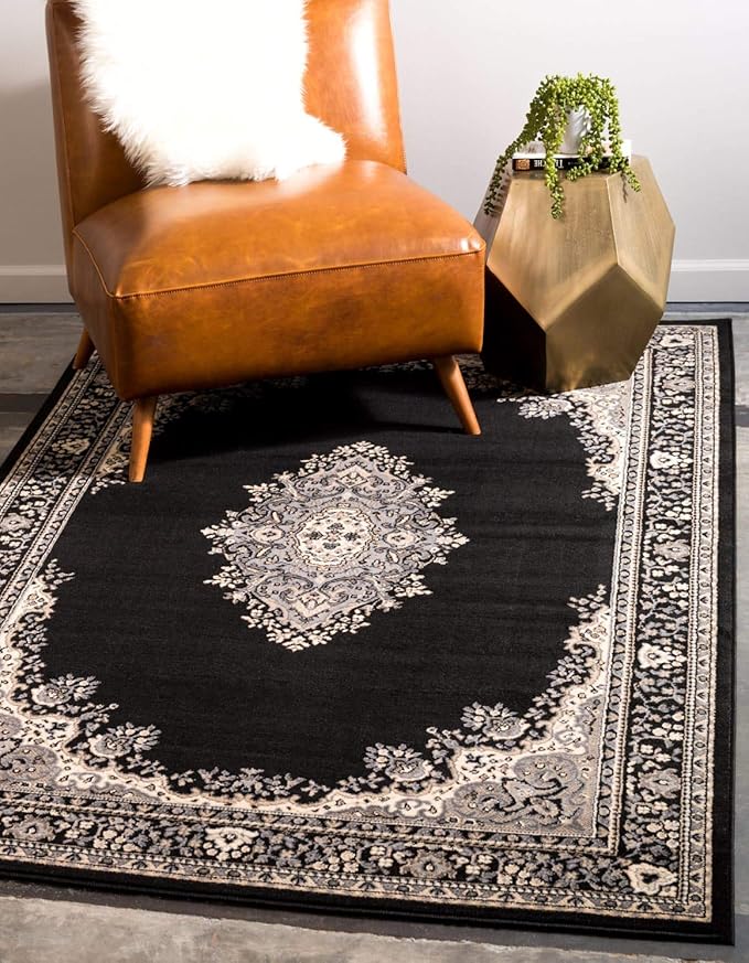 Unique Loom Reza Collection Traditional Persian Style Area Rug, 7 x 10 ft, Black/Beige
