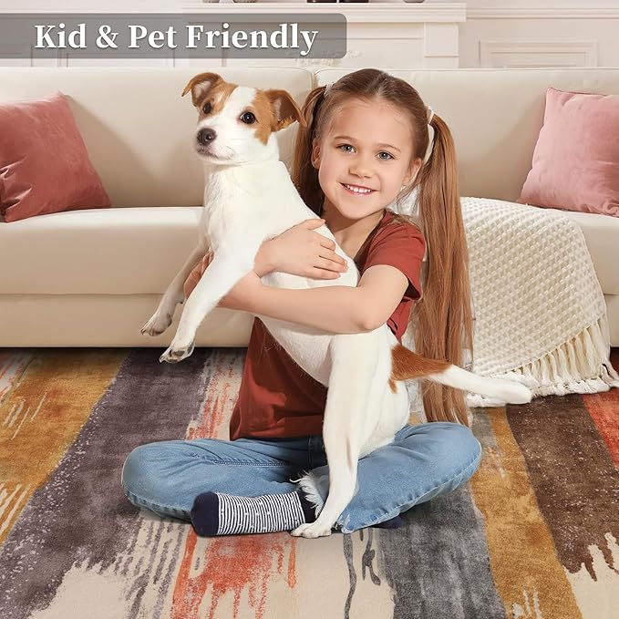 Ciicool 2x6 Washable Runner Rug, Modern Abstract Hallway Rug Runner, Non-Slip Thin Accent Rugs Lightweight Red Yellow Brown Print Distressed Carpet Runners for Laundry Entryway Bedroom Kitchen Indoor