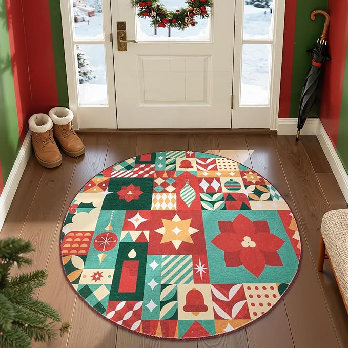 jinchan Round Christmas Rug 4ft for Entryway Washable Circle Christmas Bedroom Rug 4' Round Xmas Geometric Non-Slip Soft Carpet Festive Red-Green Holiday Patch Decor for Kitchen Living Room Porch