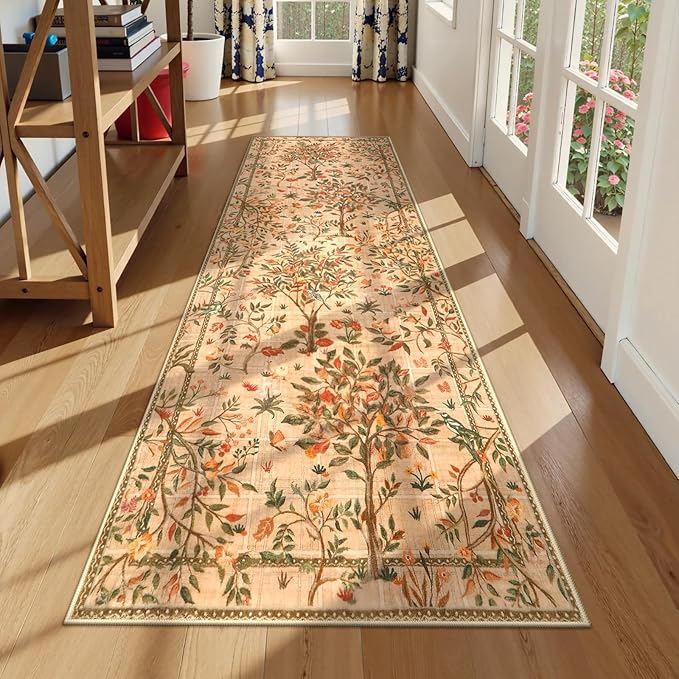 Morebes Boho Kitchen Runner 8 ft, Floral Halway Runner Rugs Non Silp Washable, Soft Low-Pile Flower Botanical Indoor Floor Throw Carpet for Entryway Bedside Bathroom, Brown