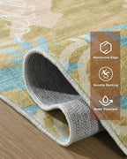 Washable Abstract Rug, 4x6 Willow Green and Blue Floral Area Rugs with Non-Slip Rubber Backed for Bedroom, Low Pile Modern Throw Carpet Kitchen Living Room Decor