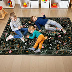 Morebes Boho Flower Rug for Living Room Non Slip, Washable Area Rugs 5x7, Soft Black Floral Birds Low-Pile Floor Indoor Throw Carpet for Bedroom Dining Room Dorm Playroom Foyer Office