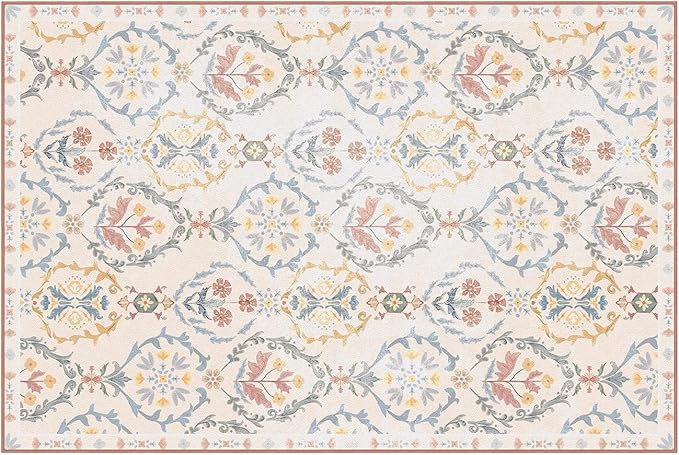 Phantoscope Washable Area Rug 6'x9' Non-Slip, Vintage Floral Boho Rugs for Living Room, Bedroom, DiningRoom, Soft Botanical Moroccan Pattern, Low-Pile Foldable Floor Carpet, Ivory Pink/Boho Garden