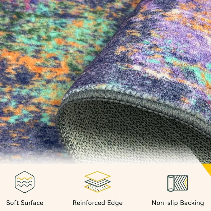 Washable Area Rugs 2'x6' Non-Slip Modern Abstract Soft for Living Room Entryway Bedroom Nursery, Print Pattern, Purple Orange Blue Green Rust Red Colorful
