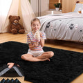 4x6 Black Rug for Bedroom Living Room, Fluffy Small Area Rug Soft Shag Carpet for Kids Boys and Girls Room with 4 Rugs Non-Slip Stickers Dorm Home Decor (4ft x 6ft)