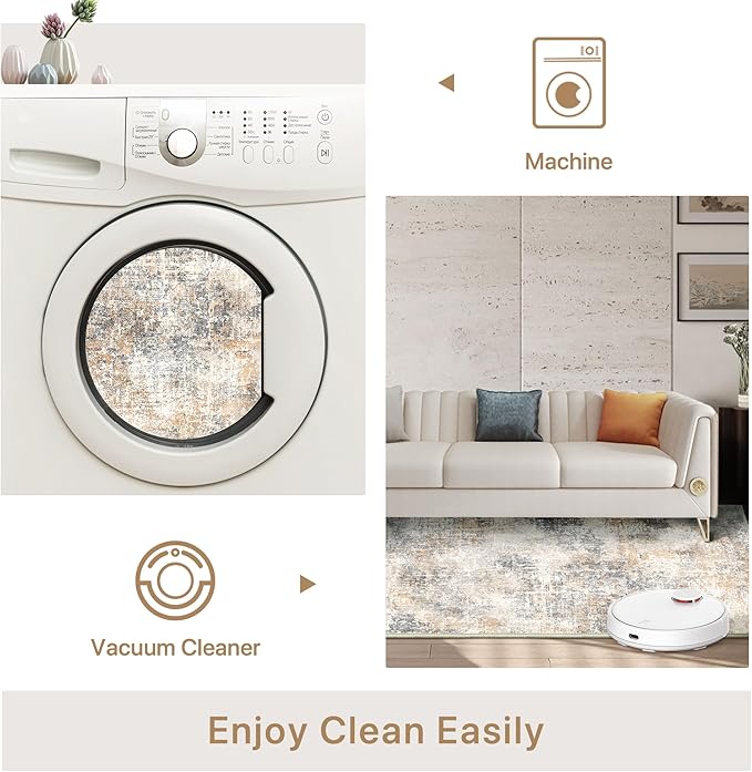 Bavni 6x9 Area Rugs Machine Washable Rug for Living Room, Modern Printed Rug Indoor Soft Area Rug for Bedroom Dining Room, Ultra-Thin Low Pile Carpet with Non Slip Rubber Backing, Beige Gray