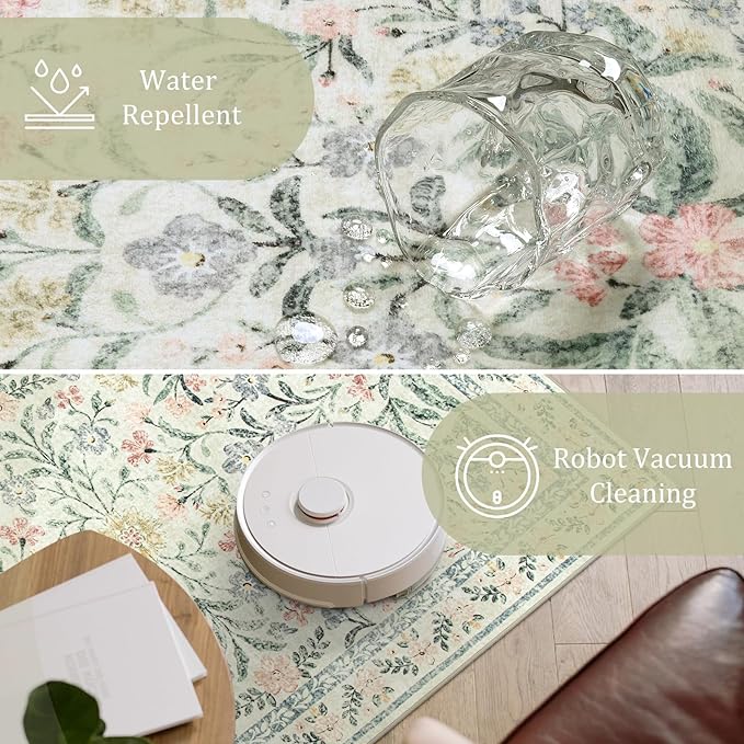Morebes Washable Area Rugs 9x12 Living Room, Boho Large Cream Rugs for Farmhouse Non Slip, Soft Ultra-Thin Distressed Floral Carpet for Bedroom Nursery Girls Home Office Decor