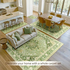 Area Rugs 9'x12' Washable Non-Slip, Floral Vintage Distress Print Pattern Medallion Carpet for Living Room Bedroom Dining Room, Sage Green Yellow