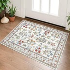 Boho Entryway Rug 2x3 Washable, Ivory Floral Kitchen Rug, Super Thin Faux Wool Small Area Rug, Non-Slip Soft Carpet for Foyer, Bedroom, Office