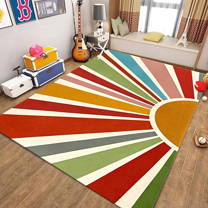 Rainbow Sun Area Rug,3x4ft,Medieval Vintage Geometric Rugs,Boho Style Bedroom Decor Rug Soft Machine Washable Carpet for Indoor Bedroom Living Room Office Decor