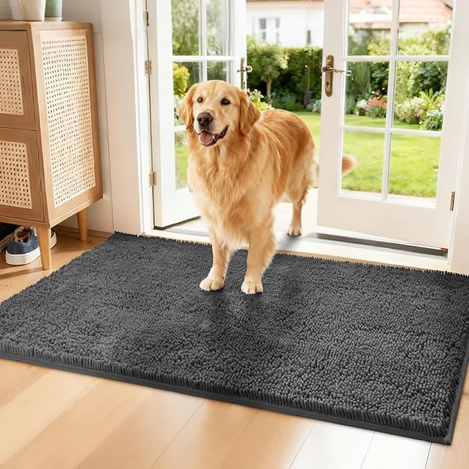 Chenille Absorbent Front Door Mat 60" x 36", Dog Door Mat for Muddy Paws, Trap Dirt Doormat, Mud Mat for Dogs, Washable Non Slip Outdoor Indoor Doormats for Entryway, Grey