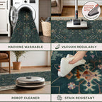 Dark Green 2x8 Non Slip Kitchen Runner Rugs - Modern Vintage Boho Eclectic Floral Pattern, Washable Low Pile Non-Slip 8ft Long Runner Rugs for Hallway, Entrance