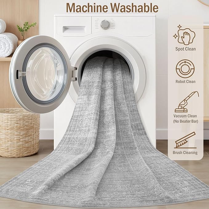 10x12 Area Rug Living Room: Washable Large Vintage Grey Rug Neutral Non-Slip Soft Stain Resistant Indoor Carpet for Bedroom Nursery Dining Room Under Table Bed Home House Office Playroom