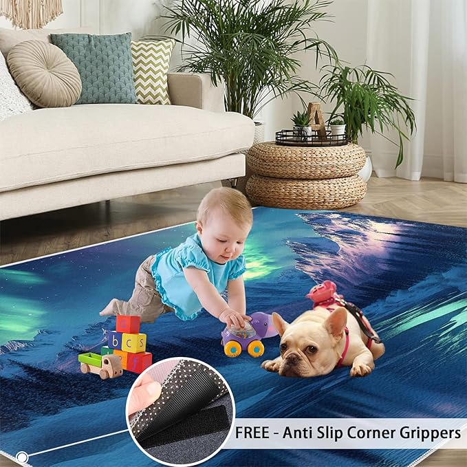 5x6 Snowy Mountains Rugs for Office - Aurora Borealis Living Room Carpet, Polar Landscape Bedroom Area Rug Kids Low Pile Rug for Indoor Outdoor Hardwood Floors Home Decor
