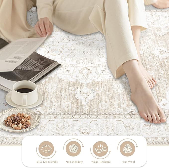 Area Rug 3x5 Entryway Rugs - Machine Washable Vintage Boho Area Rug Non-Slip Kitchen Rugs Soft Stain Resistant Indoor Door Mat, Small Oriental Throw Rug for Entrance Bedroom (Boho Beige, 3'x5')
