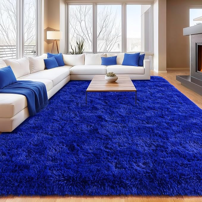 Large Fuzzy Rug 8x10 Feet Blue Fluffy Rug for Living Room, Big Plush Non-Skid Shag Carpet, Soft Shaggy Rugs for Bedroom Indoor Modern Home Decor