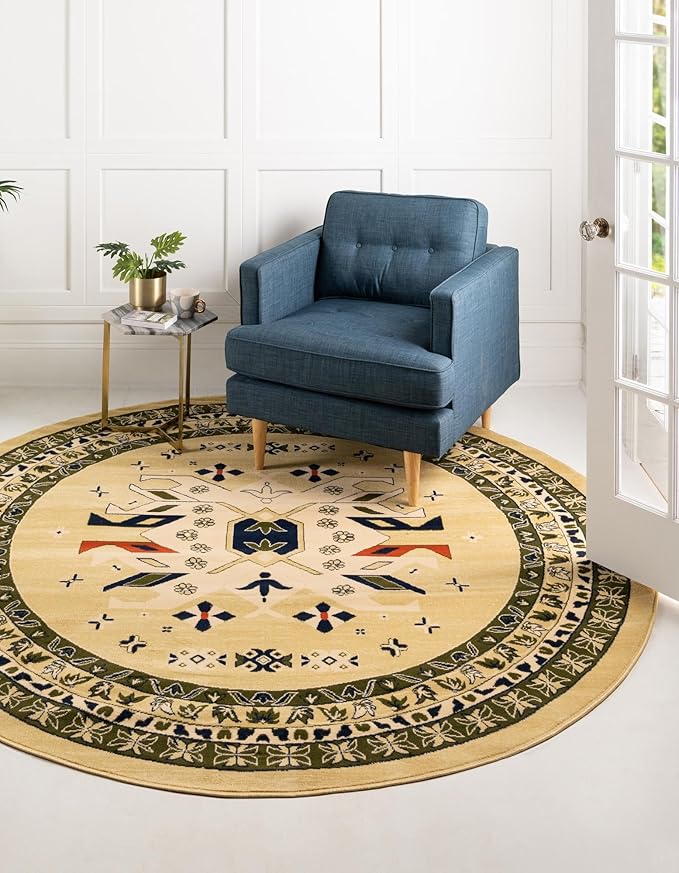 Unique Loom Taftan Collection Border Geometric Tribal Inspired Design Area Rug (8' 0 x 8' 0 Round, Gold/ Gray)