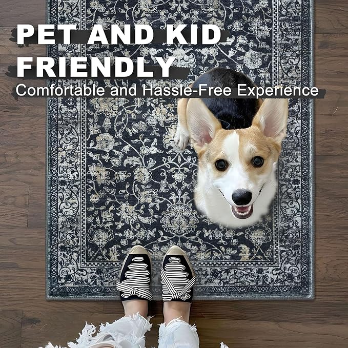 KILOCOCO Hallway Runner 2x5 Rug Runner Printed Vintage Floral Washable Kitchen Runners Non-slip Rubber Backed Runners for Hallways Laundry Room Distressed Boho Rugs for Entryway Bedroom, Navy/Charcoal