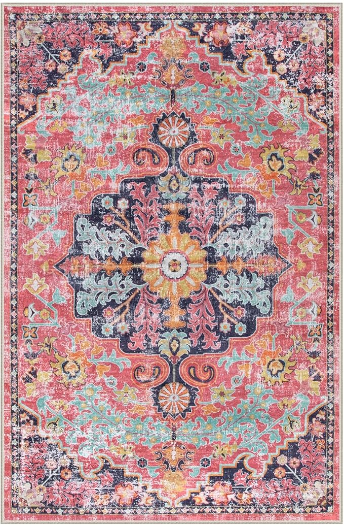 Lahome 6x9 Area Rugs Machine Washable Area Rugs for Living Room,Non Slip Bedroom Rug,Dining Room Rugs for Under Table,Large Bohemian Vintage Non Skid Indoor Carpet for Home Office(6x9ft,Fuchsia)