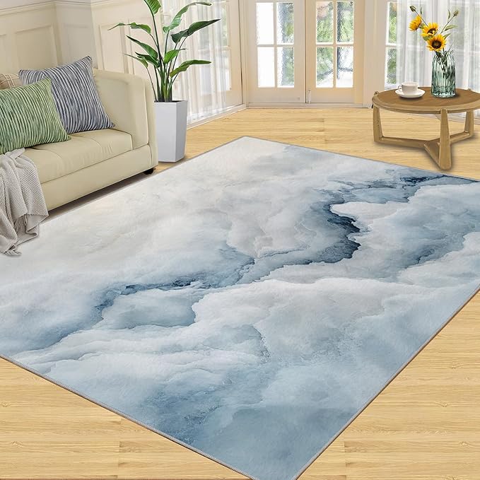 Modern Simple Art Rugs for Bedroom - 3x4 Area Rug - 3D Cloud Marble Rugs for Living Room, Abstract Mist Marble Rug, Washable Home Decor Carpet