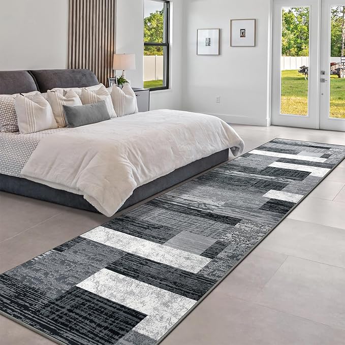 Indoor Runner Rug, Washable Runner Rug with Rubber Backing, Modern Geometric Patchwork Aesthetic Carpet for Bedroom, Living Room, Hallway, Entryway, Washable Rugs Rockwood Collection, 2.7x10 Ft Grey