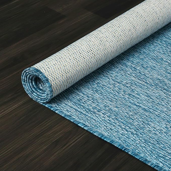Beverly Rug Indoor Outdoor Rug 10x14, Washable Outside Carpet for Patio, Deck, Porch, Solid Modern Area Rug, Water Resistant, Aqua Blue