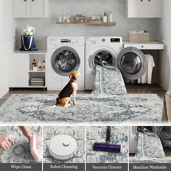 jinchan Kelda Area Rug 5x7 Washable Bedroom Rug Vintage Soft Indoor Floor Cover Retro Distressed Mat Accent Lightweight Non-Slip Thin Carpet for Kitchen Bathroom Living Room Grey