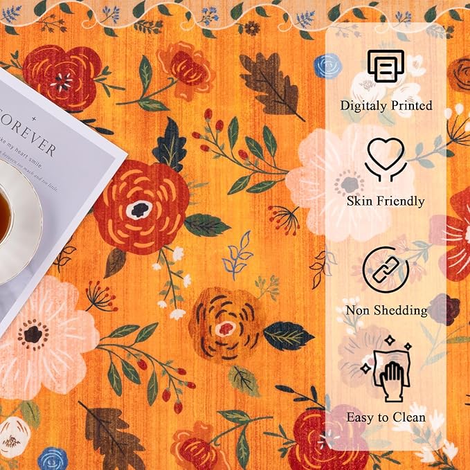 U'Artlines 5x7ft Fall Floral Area Rug, Machine Washable Ultra Soft Low Pile Non Slip Non Shedding Accent Floor Carpet for Living Room, Bedroom, Dining Room, Office (Orange)
