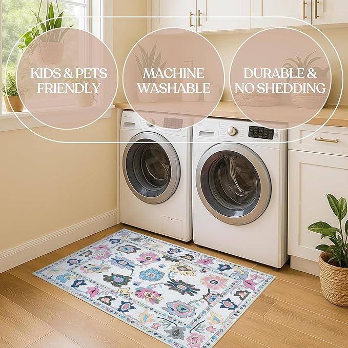 Fame Living Colorful Oushak Rug, Modern Rugs, Vintage, Turkish, Eclectic, Floral, Pastel, Washable, Small Throw, Accent Area Rug for Living Room, Bedroom, Kitchen, Bathroom, 2'5"x4'9"