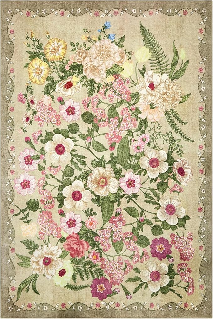 Floral Rug for Living Room - 4x6 Washable Area Rugs Non-Slip Soft Low-Pile Stain Resistant Carpet Flower Vintage Indoor Rug for Bedroom Dining Room Office Nursery Room, Brown