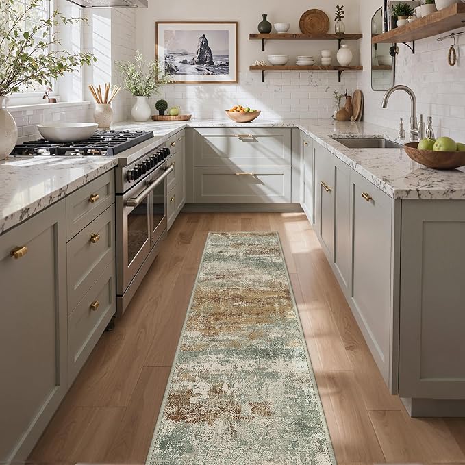 GENIMO Runner Rug Non Slip 2'6"x10', Washable Rug Runner for Hallways Kitchen, Abstract Modern Kitchen Rugs, Low Pile Lightweight Carpet Runners for Entryway, Bedroom, Laundry, Orange Green