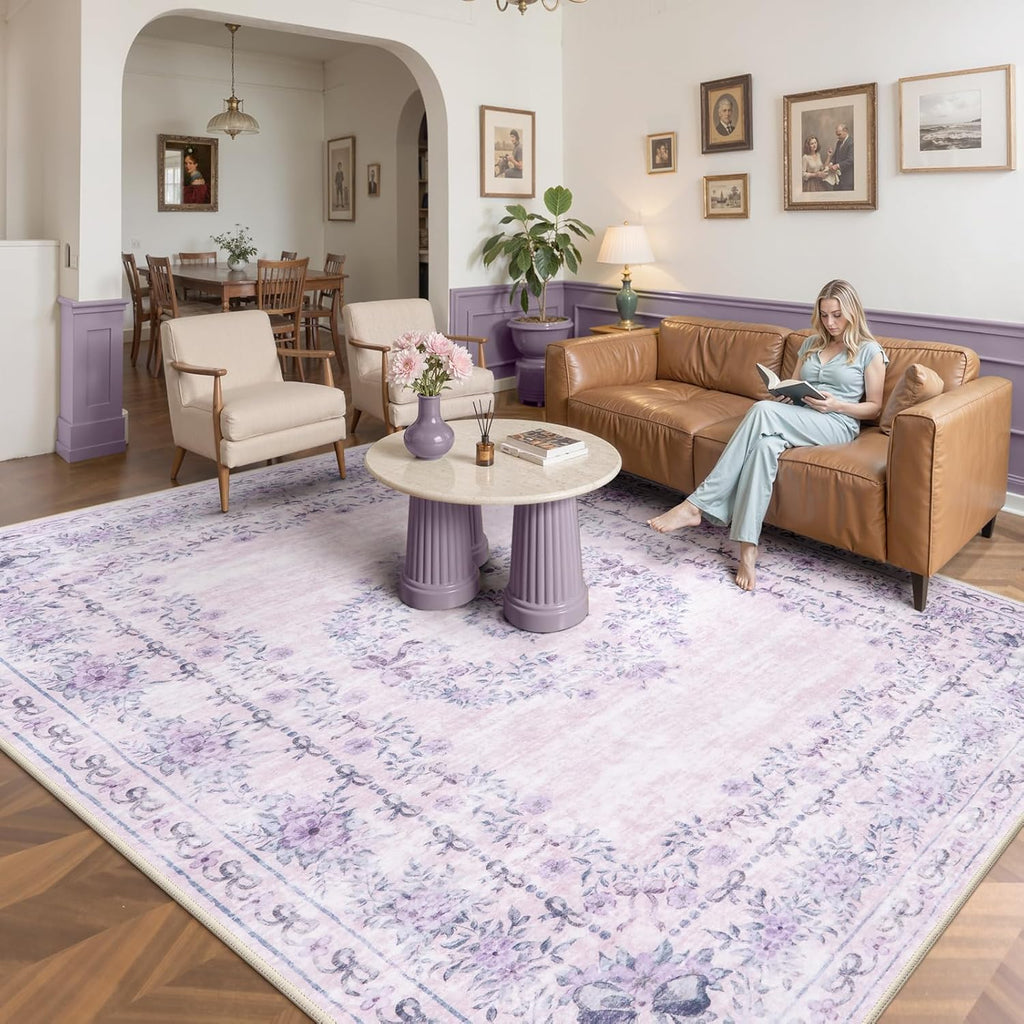 Wonnitar Floral Print 8x10 Washable Rug, Purple Bow Room Decor for Girls Bedroom, Ultra-Thin Non Slip Soft 8 x 10 Large Boho Carpet for Living Room Baby Nursery Kids Playroom