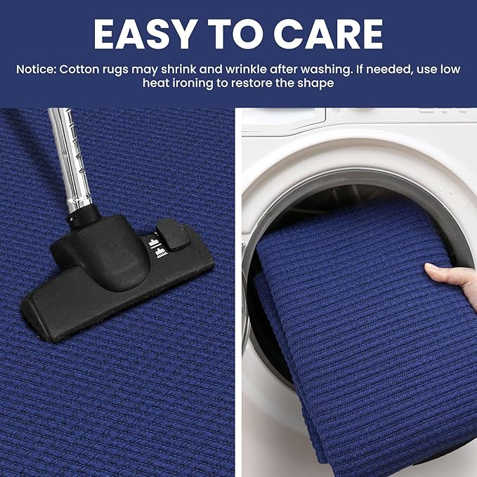IOHOUZE Washable Runner Rug 2.6x12 Non Slip Extra Long Hallway Runner Entryway Runner Indoor, Kitchen Rugs Woven Cotton Floor Carpet for Hall Entrance Stair, Royal Blue/Navy