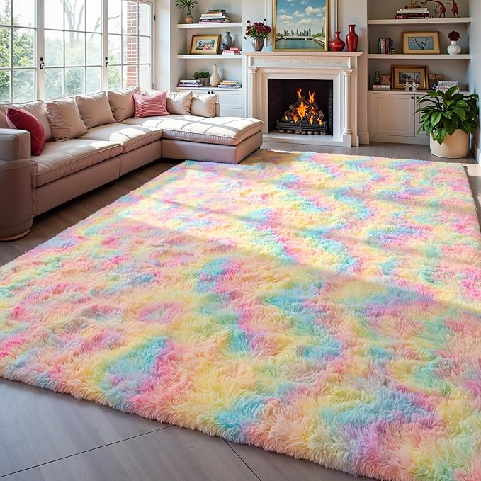 Zentavio Unicorn Rugs for Girls Room 9x12 Area Rugs for Living Room Carpet for Bedroom Washable Soft Fluffy Shag Aesthetic Plush High Pile Rug for Nursery Kids Room Dorm Room Rainbow