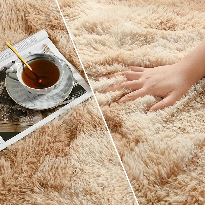 Large Shag Area Rugs 6 x 9, Tie-Dyed Plush Fuzzy Rugs for Living Room, Ultra Soft Fluffy Furry Rug for Bedroom, Indoor Carpet Nursery Rugs for Kids Room Home Decor, Beige