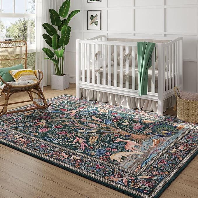 Rugcomf Area Rugs 9x12 Living Room Vibrant Tree of Life-Patterned Vintage Washable Rug Non Slip Low Pile Large Rug for Bedroom Farmhouse Dining Room Kids Playroom, Green