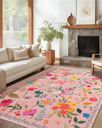 Boho Washable Area Rug 5x7 – Floral Low Pile Non-Slip Carpet for Living Room, Bedroom, Office, Playroom, Entryway, Kitchen, Dining Room (Pink)