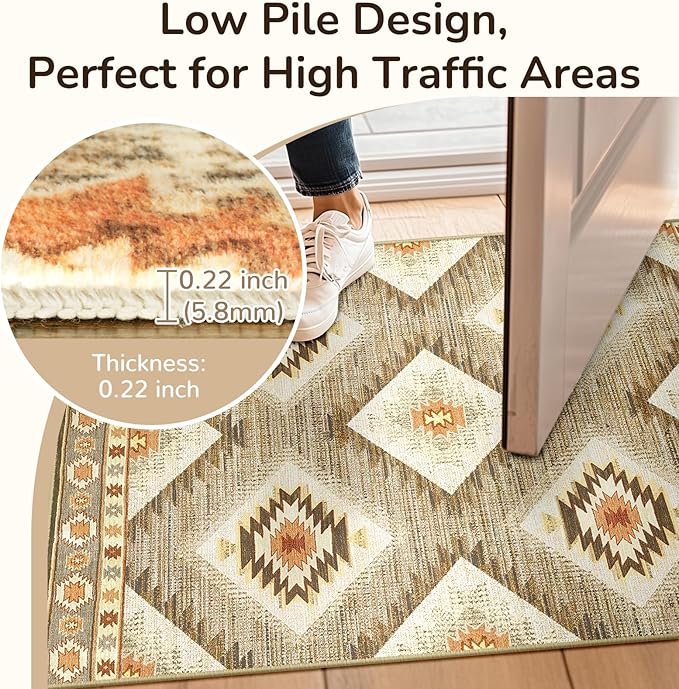Area Rug 2x5 Rug Machine Washable Non-Slip Low Pile Print Pattern Western Rug for Living Room Bedroom Entryway Tribal Series-Cream/Camel