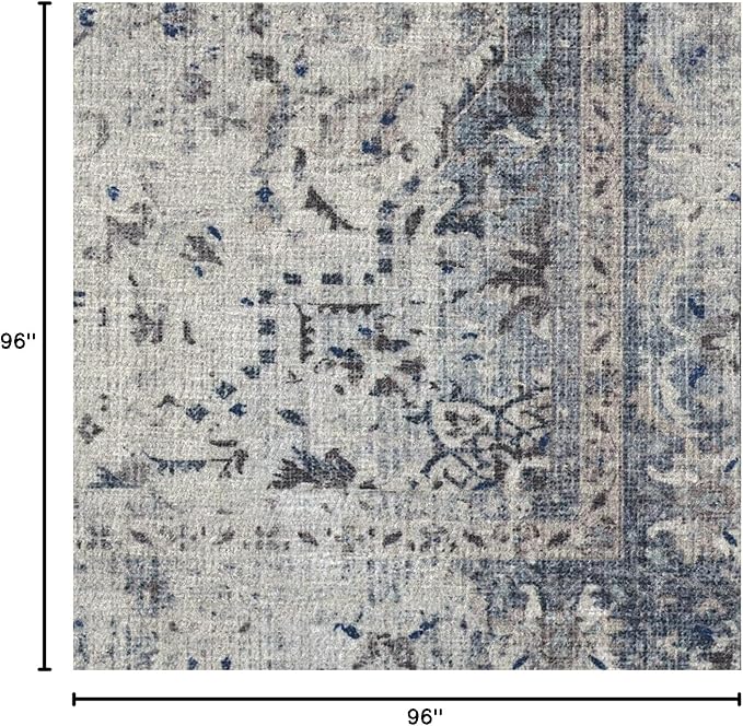 RUGGABLE Washable Vintage Area Rug – Sarrah Blue Quartz 8 ft Round, Stain-Resistant, Non-Slip – Large Machine Washable Rugs for Living Room, Bedroom, Hallway, Entryway & Office–with Cushioned Pad