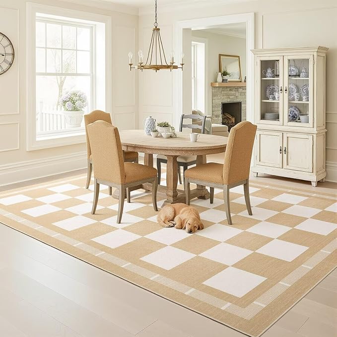 Vasofe Checkered Jute Rugs, 6x9 Large Washable Outdoor Patio Rug, Living Room Bedroom Dining Room Indoor Carpet, Non Slip Modern Farmhouse Neutral Geometric Porch Classroom Mat, Khaki and White